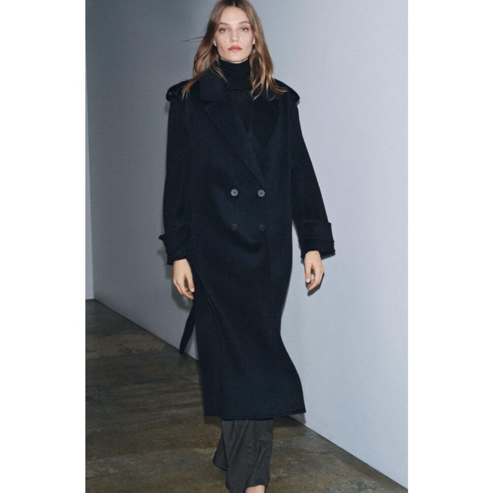 Zara ZW Womens Long Coat Jacket S Navy Blue Wool Blend Belted 8491/260 NWOT